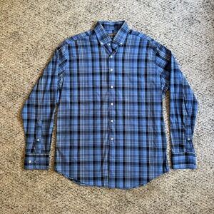 Peter Millar Summer Comfort Shirt Mens Large Navy Blue Plaid Button Down